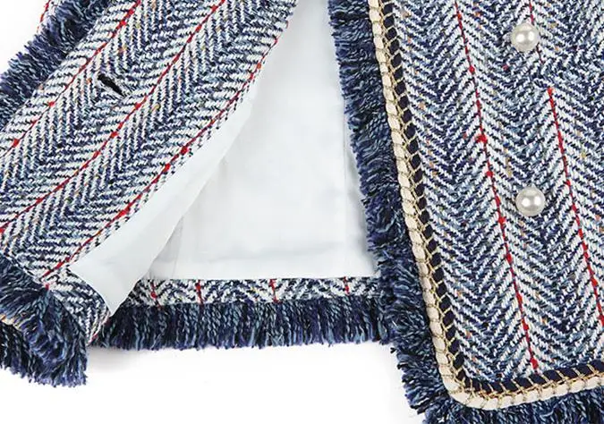 Полосатый Зимний синий белый Блейзер Женский длинный рукав v-образный вырез