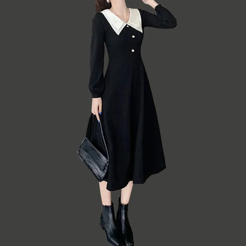 

Elegant Vintage Dress Women Long Sleeve Solid Black Party Dress Female Doll collar button Midi Gothic Dress spring22 Office Lady