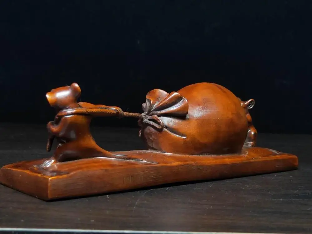 

wedding decoration Old Chinese Boxwood Wood Carved Zodiac Rat Statue Money Kangaroo. Mouse pulling money bag statue