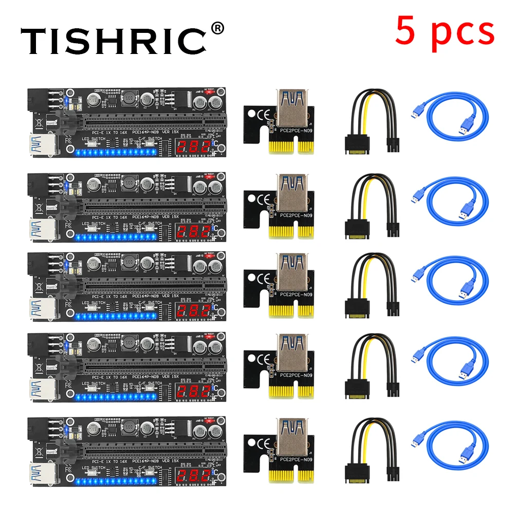

5PCS TISHRIC RGB LED Temperature Display PCIE Riser 015X PCI-E 16X Riser for Video Card Graphics Card Extension Cable GPU Riser