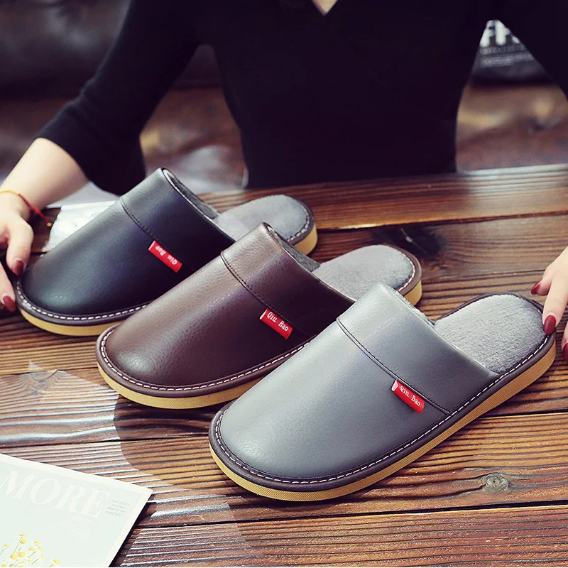 

Leather Couple Shoes Autumn Winter home slippers Man Fashion Big size indoor Waterproof Men slippers with fur soft socofy