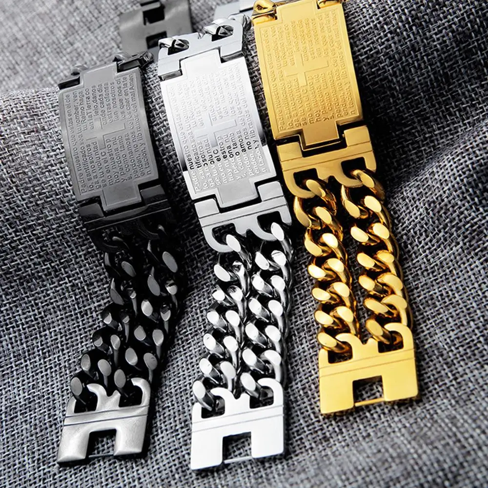 

Gold/Black Two Rows Chain Bracelet Charming Men's 316L Stainless Steel Cross Bible Pattern Bracelet