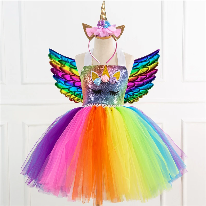 Unicorn Costume Dress Girl 2021 Rainbow Birthday Party Gift Princess Tutu Christmas Halloween for Kids Full Sets | Тематическая