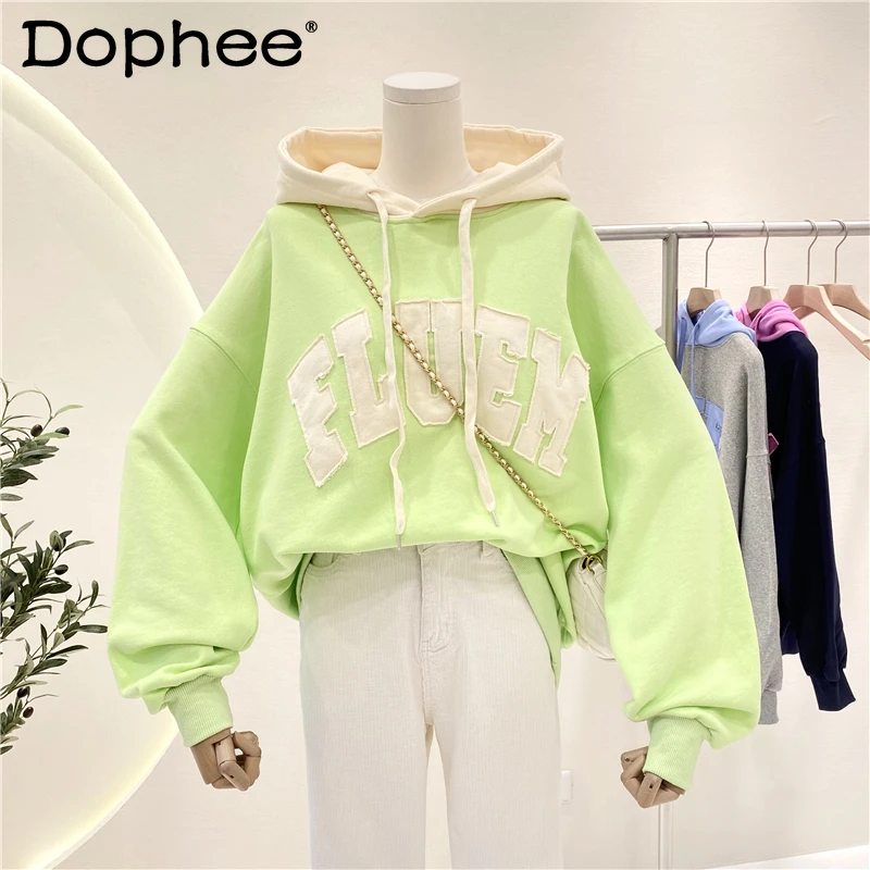

Letter Printing Sweatshirt Women Fashion Loose Stitching Contrast Color Cozy Hooded Versatile Thin Spring Autumn Pullover Tops