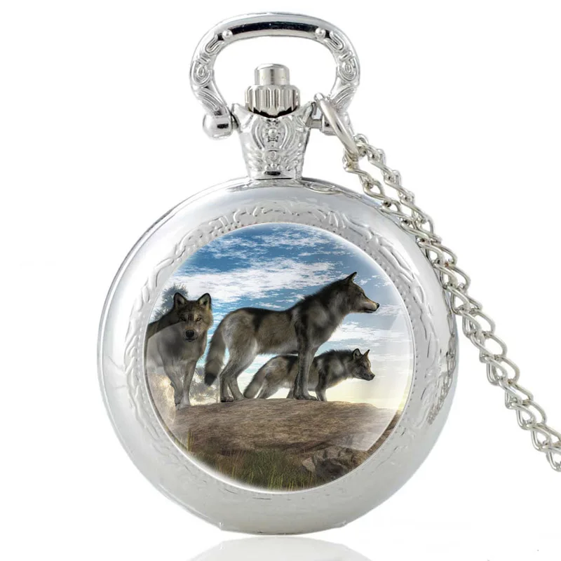 Волка под голубое небо дизайн винтажные кварцевые карманные часы для мужчин и женщин, стеклянный купол кулон ожерелье ч...
