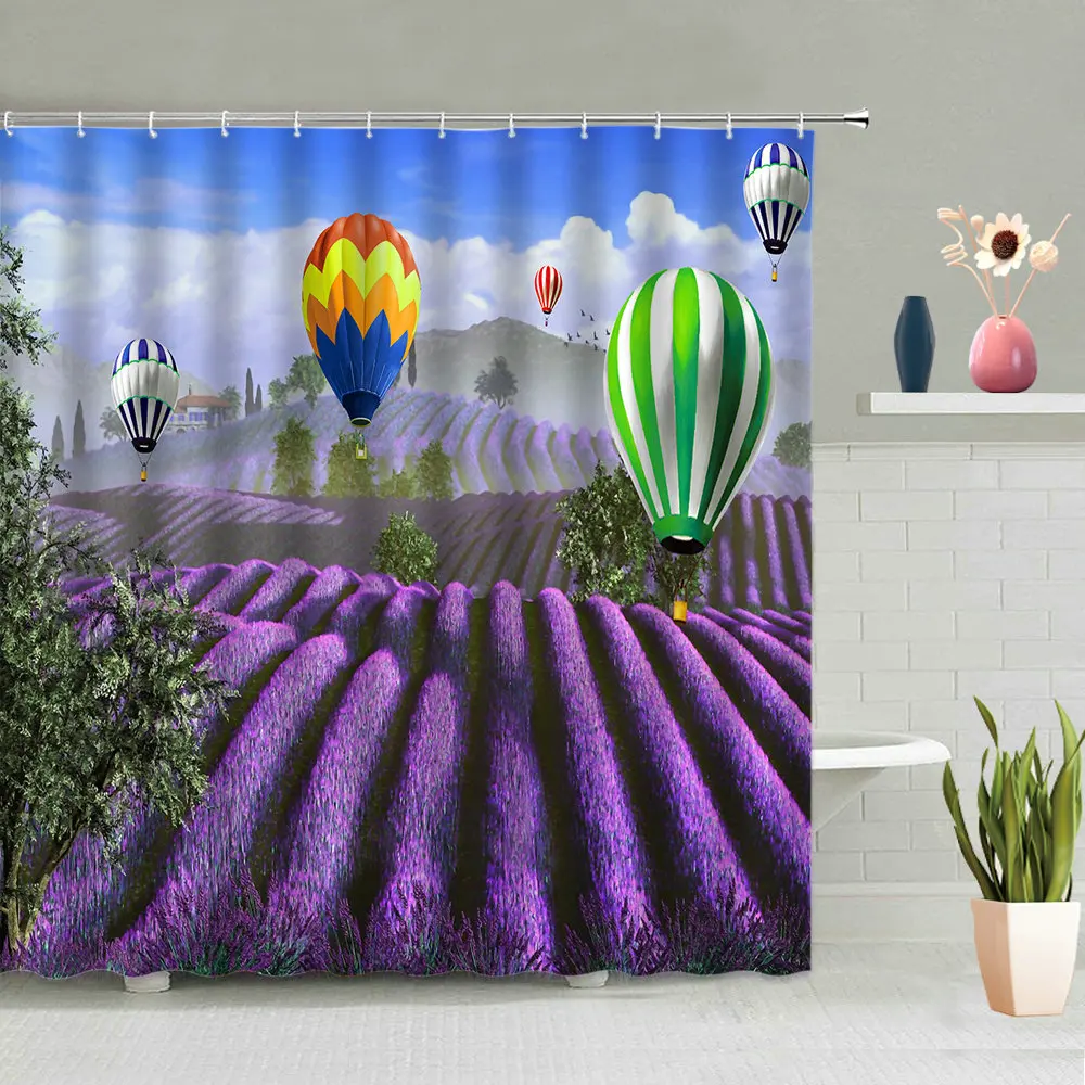 

Hot Air Balloon Cloud Pattern Shower Curtains Blue Sky Lavender Daisy Flowers Butterfly Natural Scenery Waterproof With Hooks