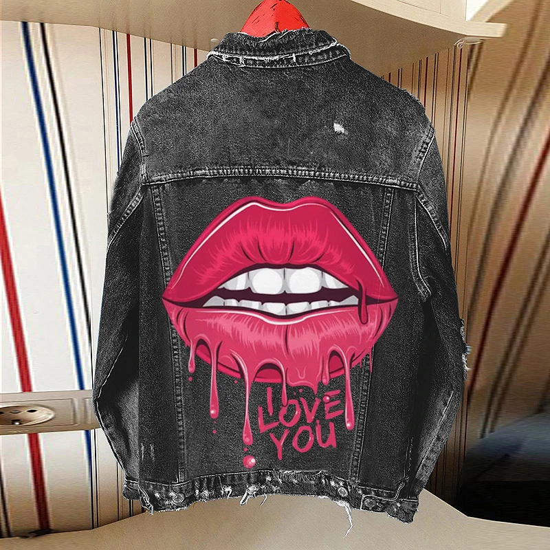 

Lips Print Chic Back Stylish Denim Blue Woman Jacket Coats Long Sleeve Hip Hop Baseball Casual Spring Fashion Outerwear 2021 New