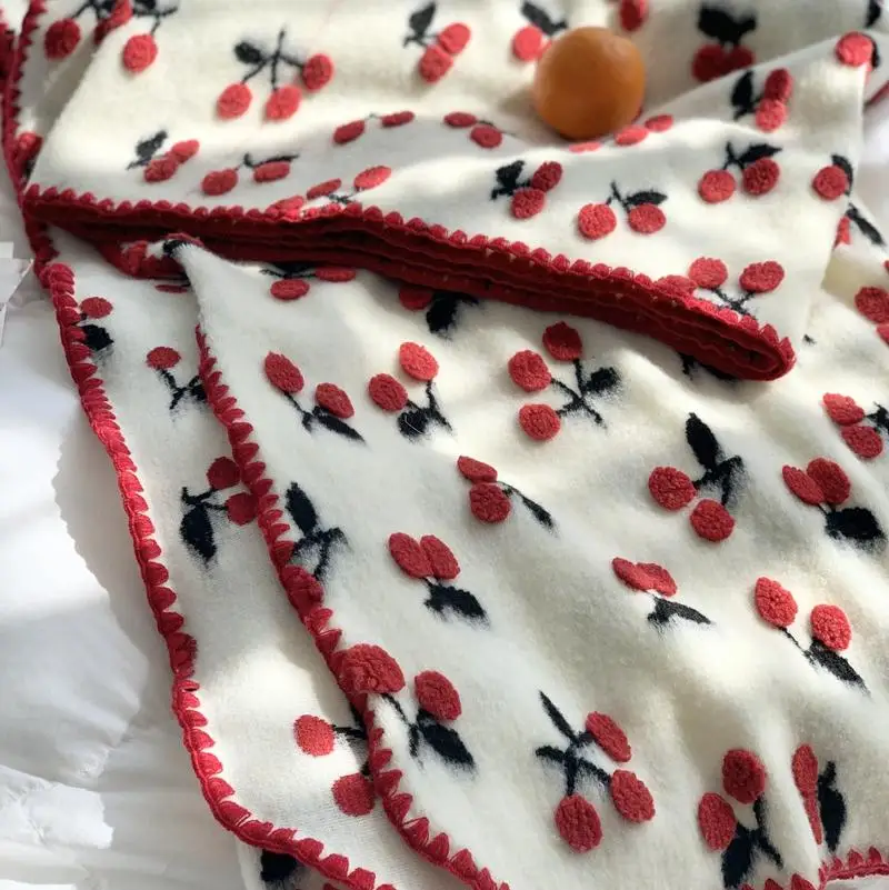 

Cherry Strawberry Series Blanket Wool Fleece Blended Three-Dimensional Jacquard Blanket Soft Warm Throw Shawl Blanket 1 pcs