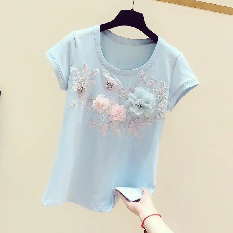 Весна лето 2020 новая синяя футболка женская трехмерная вышивка цветок Круглый