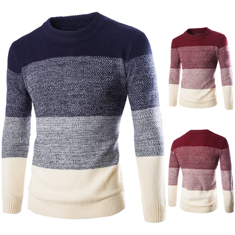 

stitching color Men's autumn male teenagers Cultivate one's morality round neck Thin striped sweater