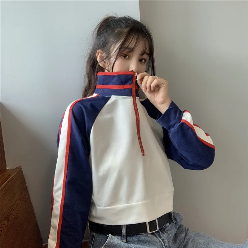 

2021 Fall Korean Style New Short Top Lapel Color Patchwork Zipper Long Sleeve Pulloers Women's Loose High Waist
