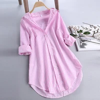 spring plus size 4xl 5xl women striped loose blouse pink blue long sleeve shirts oversized ol office wear long tops mujer new