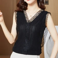 black lace tank tops women 2021 summer v neck sleeveless hollow out white ladies casual woman clothes haut top mujer haut femme