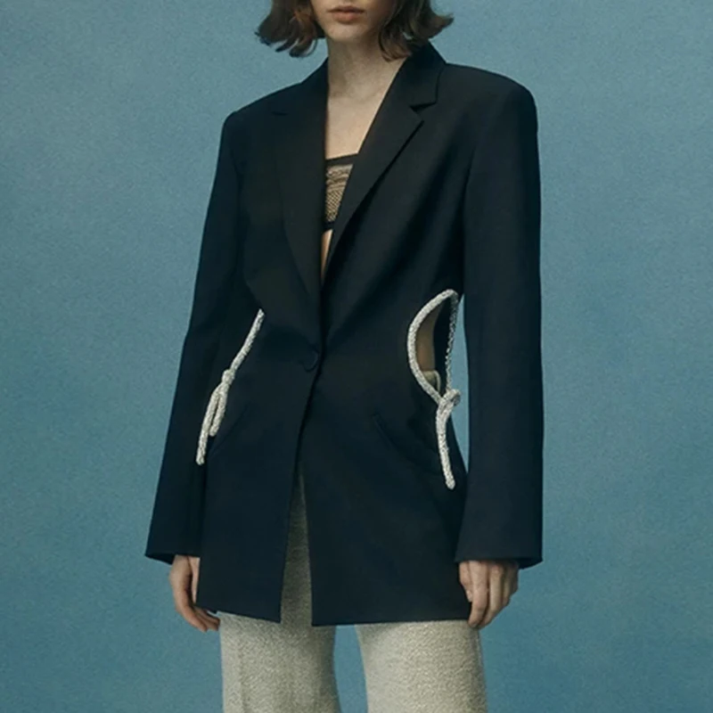 

SISPELL Patchwork Diamond Women's Blazer Coat Lapel Collar Long Sleeve High Waist Slimming Hollow Out For Female Sexy Coats Tide