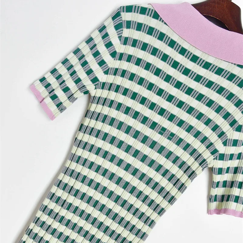 

Luxury Brand Designer Knitted Dress for Women Vintage Turn Down Collar Contrast Color Stripe Buttons Knitted Dress