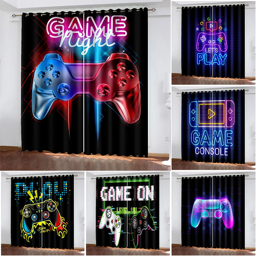 

Neon Gamepad Printing Blackout Living Room Curtain Cartoon Home Decor Boy Bedroom Curtain Double Open Cortina De Ventana