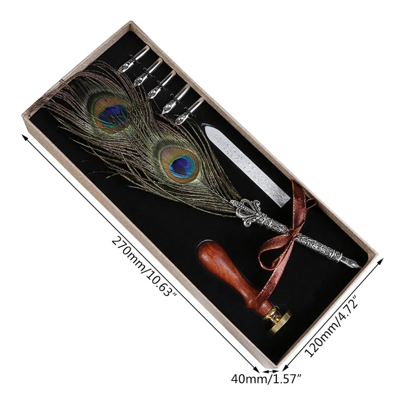 

Vintage Peacock Feather Quill Dip Pen Calligraphy Fountain Pen Writing 5 Nibs Set Stationery Gift Box