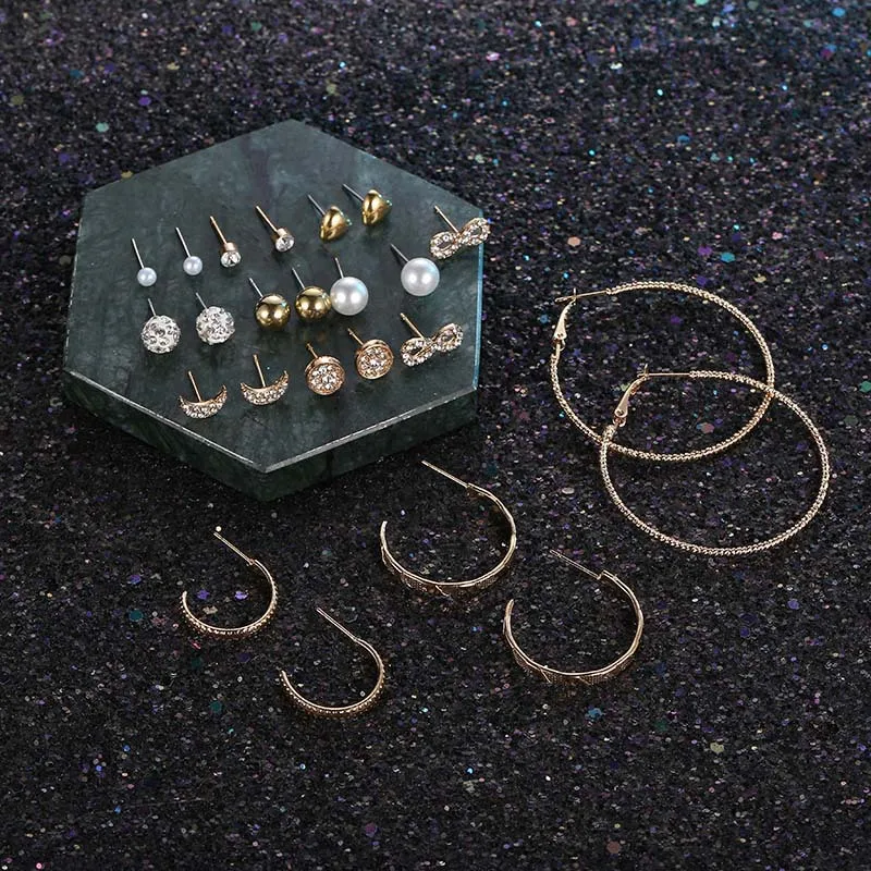 Набор женских серег-гвоздиков из нержавеющей стали сережки-кольца в богемном