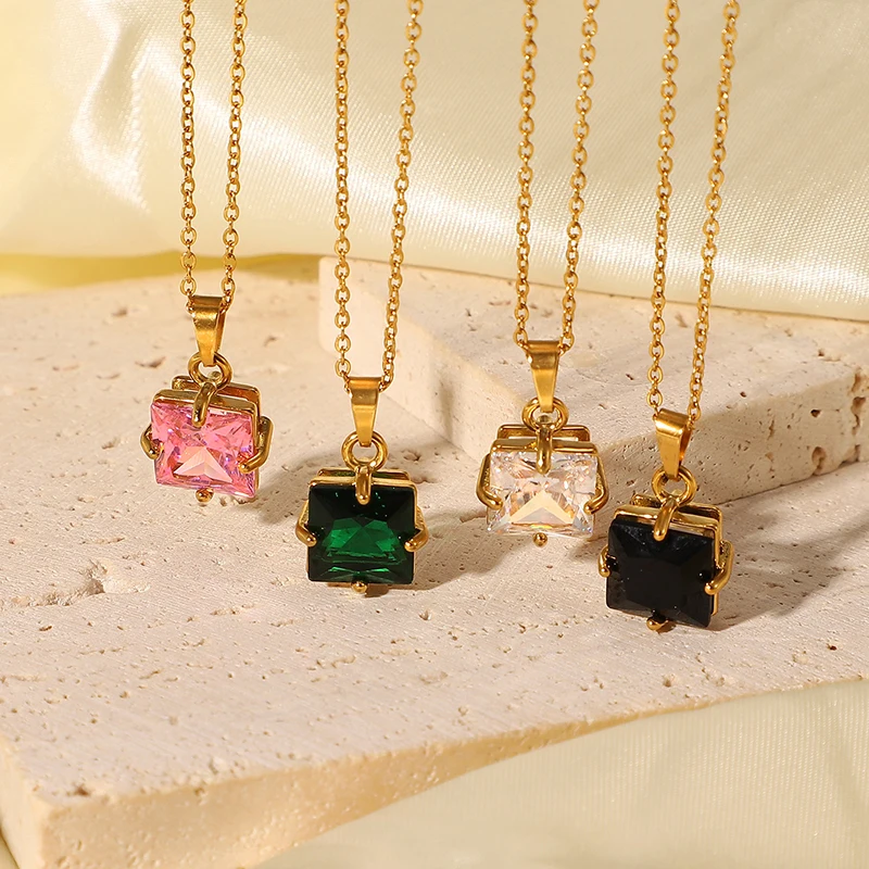 

GHIDBK cNecklace Stainless Steel Crystal Jewelry Pink Black Green CZ Necklaces For Ladies
