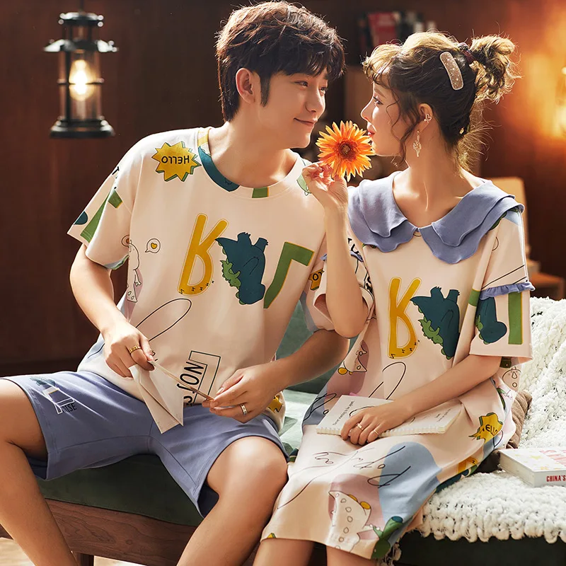 Новые летние пижамы для пар 100% хлопок милые повседневные мужские с круглым
