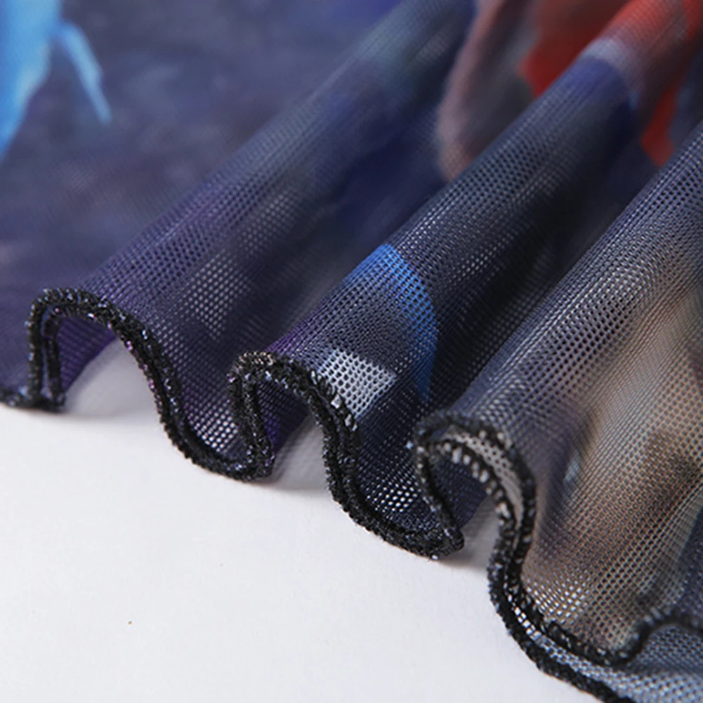 

Fashion Graphic Printed Skinny Mesh See-Through Two Pieces Set Women Sexy Strapless And Bodycon Skirts Clubwear Outfit Mall Goth