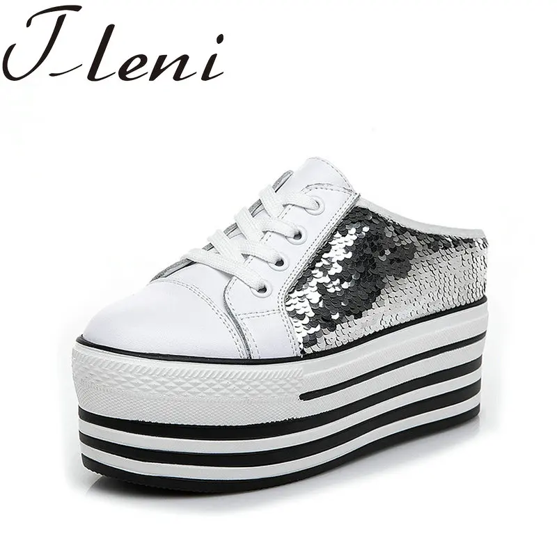 Модные женские кроссовки Tleni 2019 с блестками дышащие полутапочки baotou обувь для