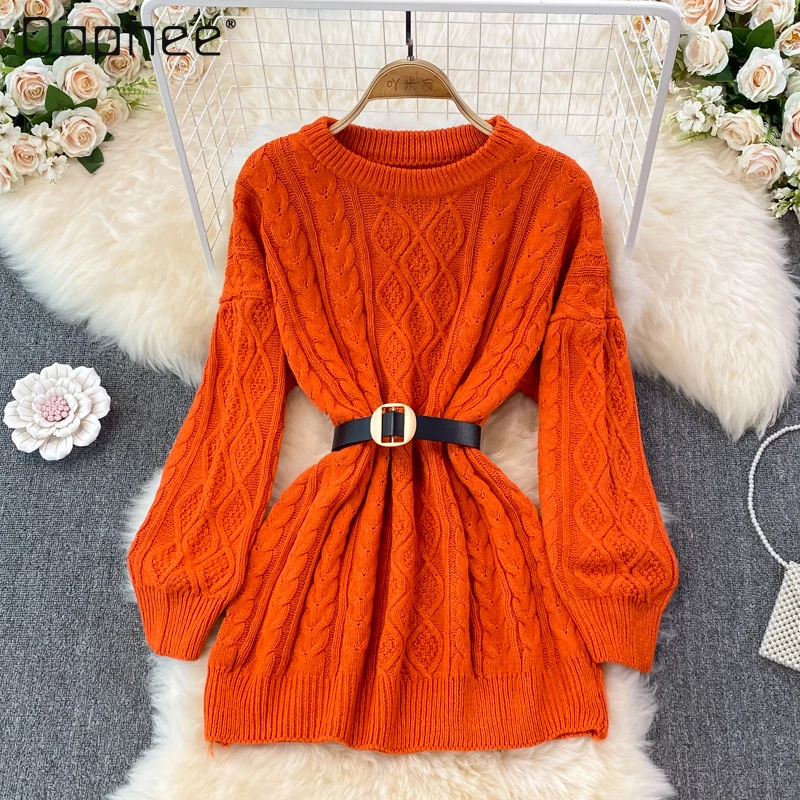 

2021 Autumn and Winter Women's Orange Twist Knitted Sweaters Fashion Loose Round Neck Pullover Mid-Length Oversized Knitwear