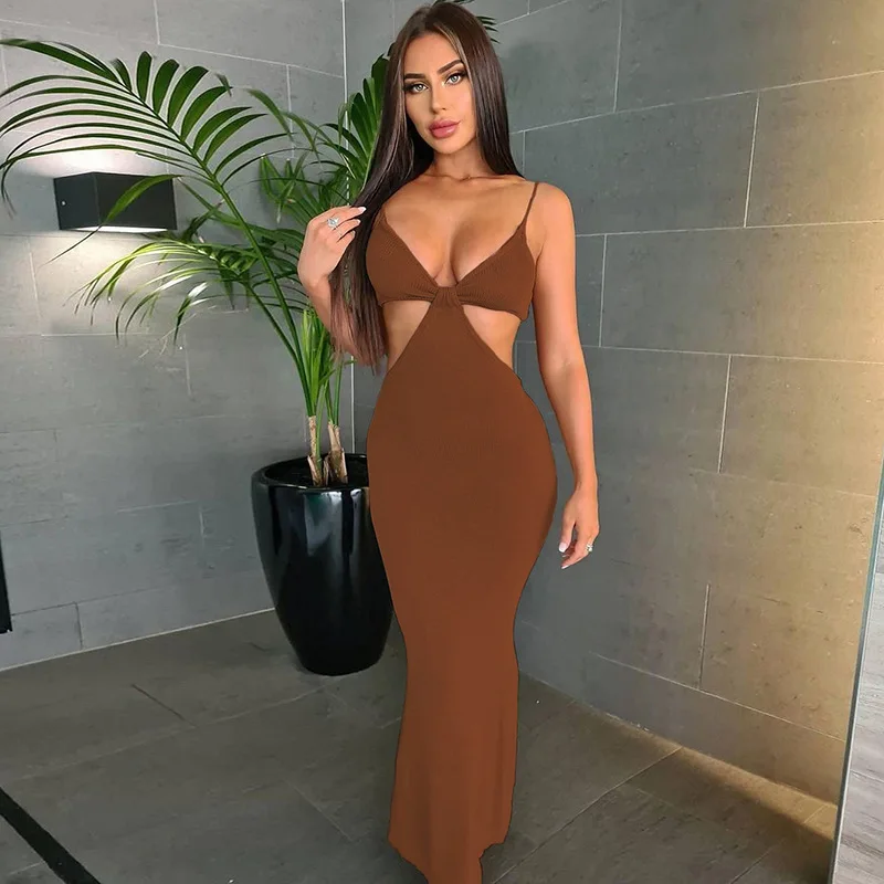 

HOUZHOU Women Strap Sexy Party Long Bodycon Dress Backless Maxi Dresses for Women Summer 2021 Ladies V-Neck Hollow Out