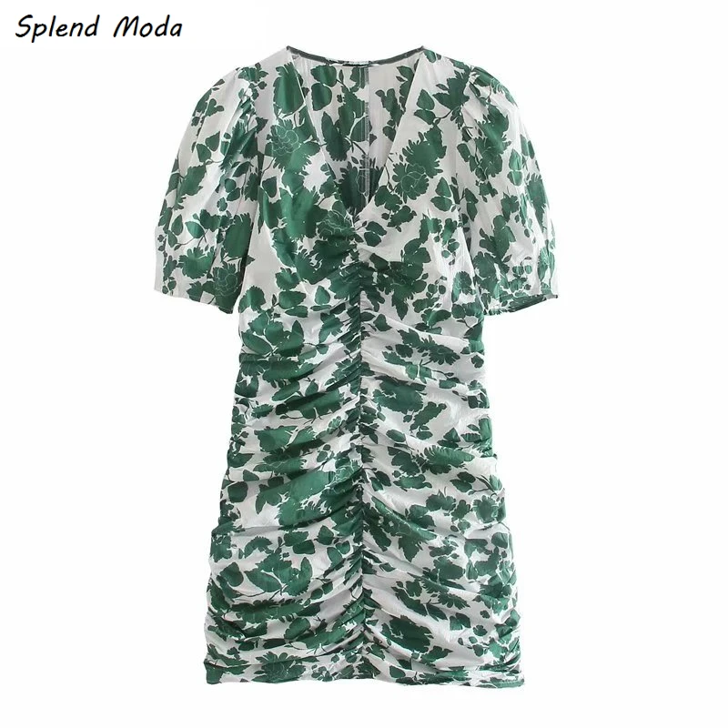 

Splend Moda платье с рукавами-фонариками и яркой женские 2021 Новый винтажный принт тонкий v-образный вырез складки облегающее летнее платье для же...