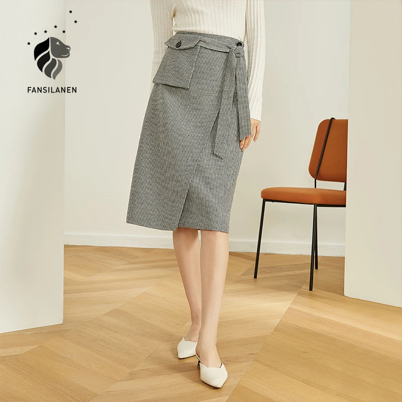 Женская клетчатая юбка-миди fansilавто шерстяная юбка с разрезом карманами поясом и