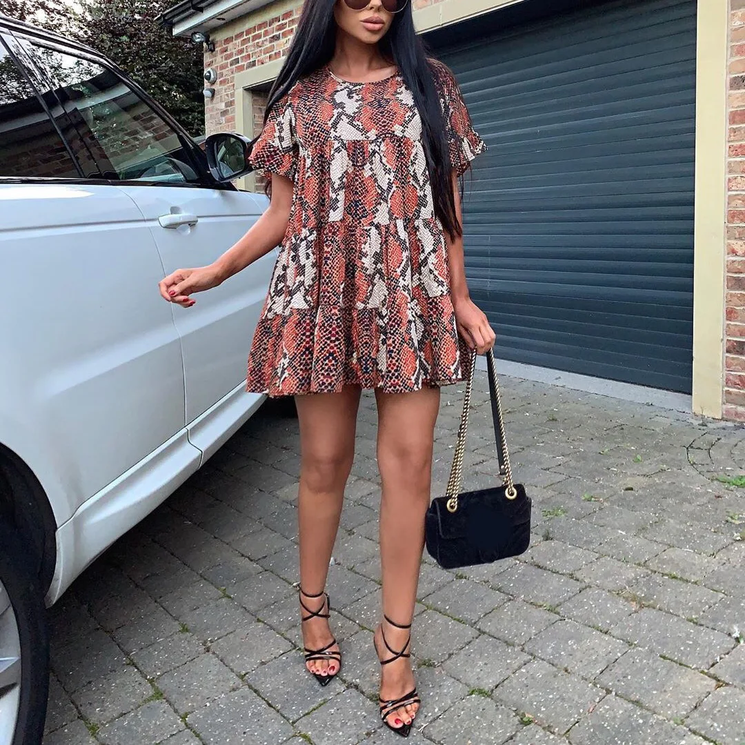 

African Fashion Print Dress Summer Casual Short Sleeve Round Neck Mini Long Loose A-line Work Fashion Cloth Dress Long Skirt