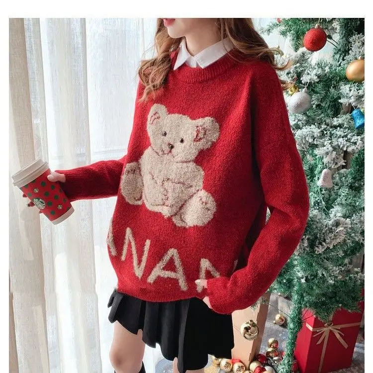 

Christmas Sweater Red Cute Bear Knit Pullover Women's Embroidered Knitwear Loose Streetwear Korean Female Clothes 2022 New