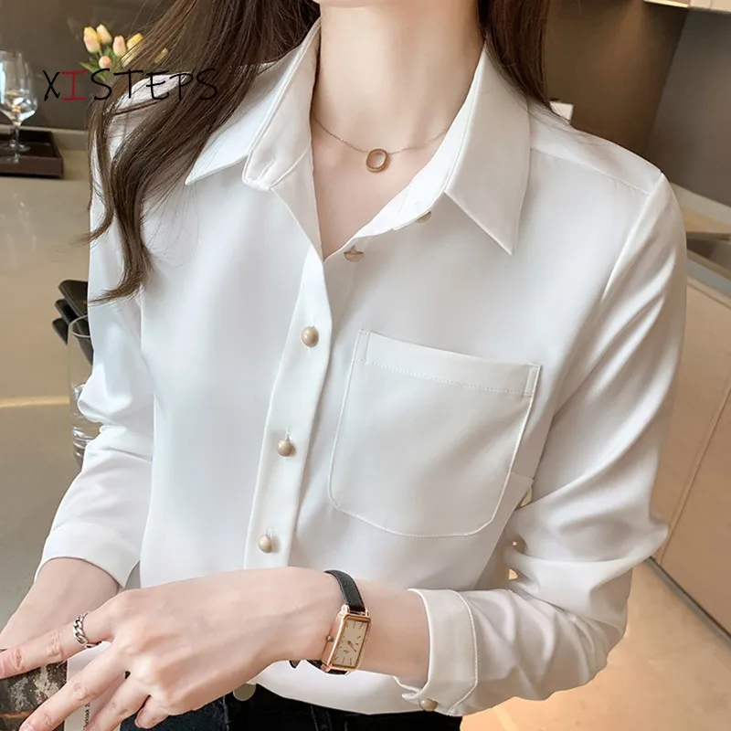 White Satin Blouses For Women 2021 Spring Ladies Office Work Wear Shirts Button Up OL Style Tops Femme Blusas Chiffon Clothes