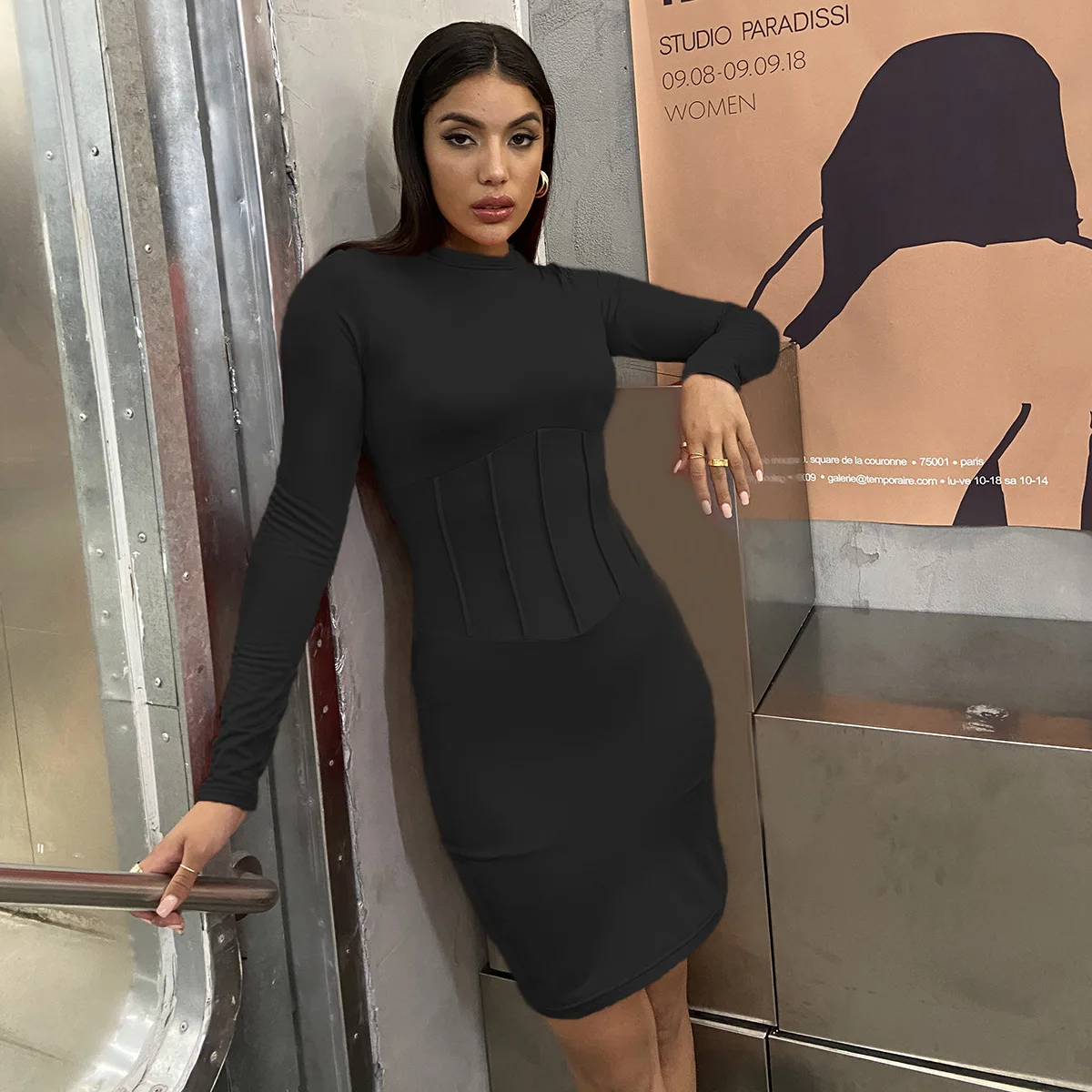

Women Long Sleeve Dress Sexy Long Sleeve Slim Pleated Dress Bodycon Fold Decoration Simple Solid Color Spring Clothing