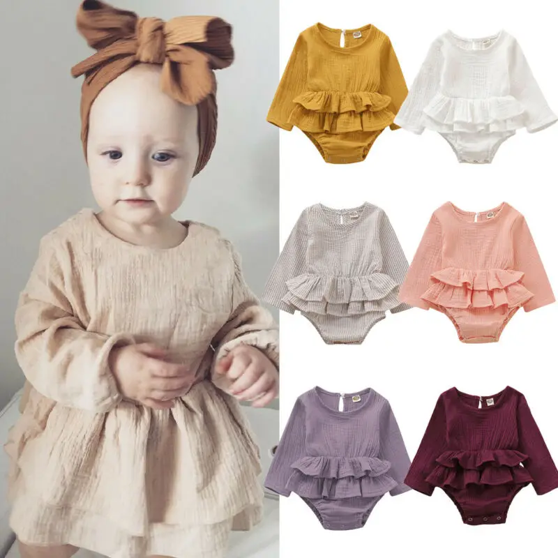 

PUDCOCO Cute Newborn Infant Baby Girl Clothes Long Sleeve Ruffle Romper Dress Cotton&Linen Outfit 0-24M