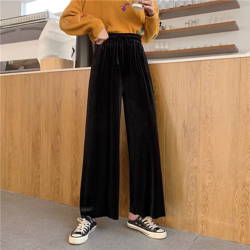2019 Winter Women Velvet Wide Leg Pants Female Casual Elastic High Waist loose Autumn Pleated Solid Pant Femme | Женская одежда