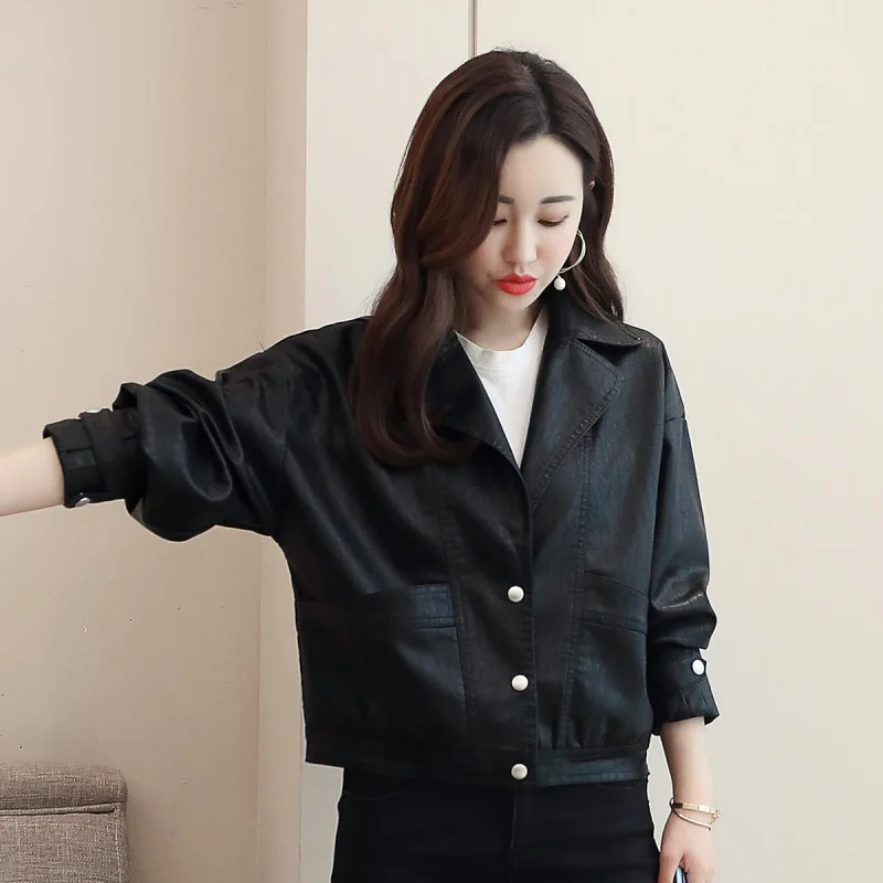 Продано свободные карманы Корейская одежда куртка женская PU Кнопка отложной