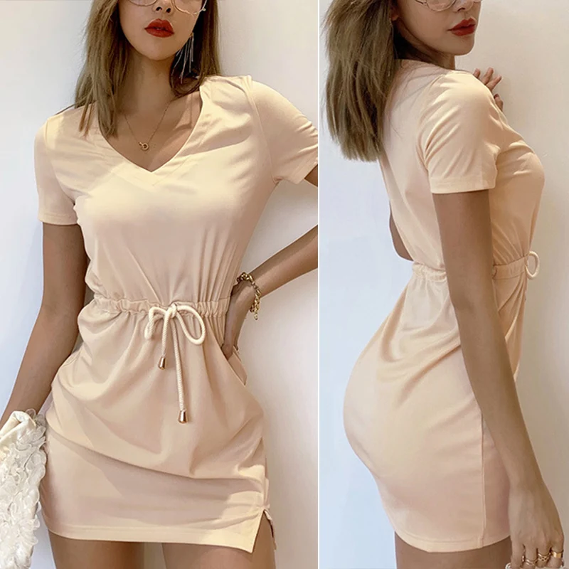 

Женское платье-футболка, Элегантное летнее платье с коротким рукавом на завязках, уличная одежда