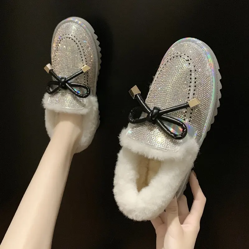 

White Mid-Calf Boots Crystal Leather Women's Shoes Australia Boots-Women Round Toe Luxury Designer Low Rhinestone Snow Rubber 2