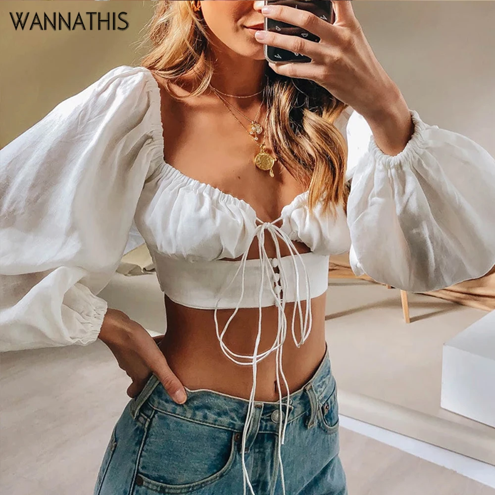 Женская блузка с рукавами фонариками WannaThis v образным вырезом спереди вырезами