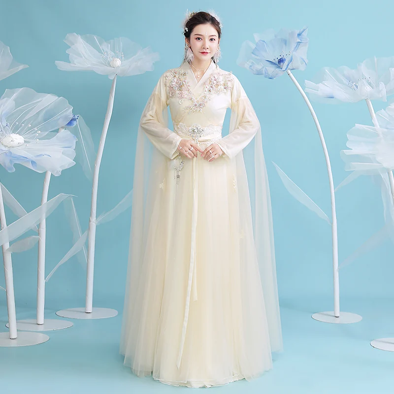 

Chinese Dress Hanfu Women Dress Chic and Classy Woman Cosplay Guzheng Show 2020 Summer New Yellow Plus Size Long Skirt Suits