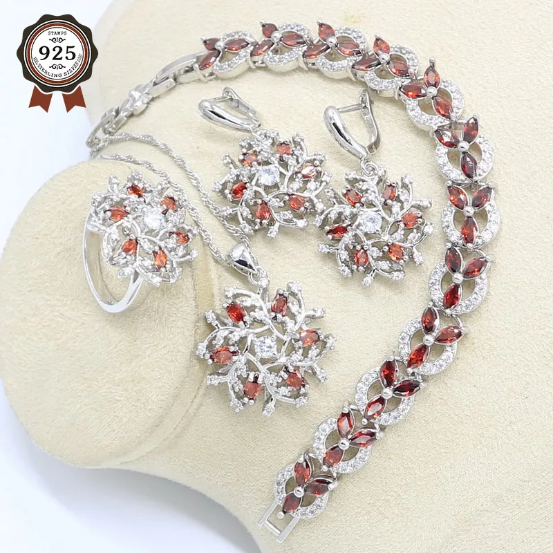 Серебряный набор украшений для женщин в форме цветка свадебный браслет с красным