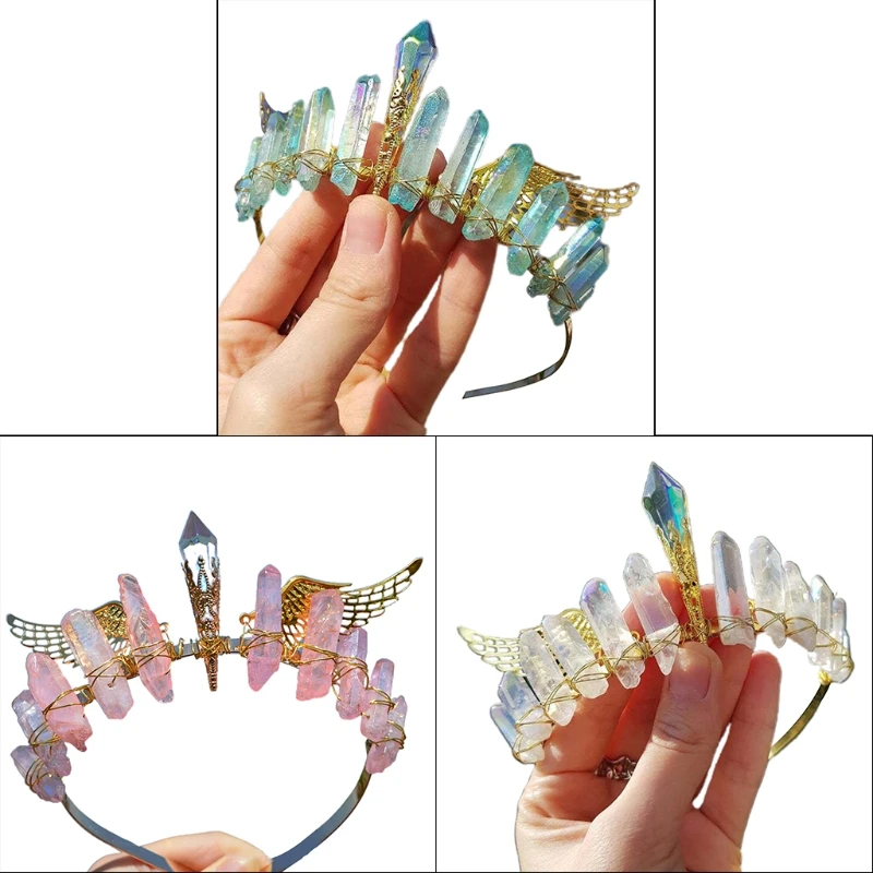 

N7MF Handmade Colorful Raw Crystal Quartz Crown Headband Retro Angel Wing Tiara Halo Hairband Antique Wedding Headdress