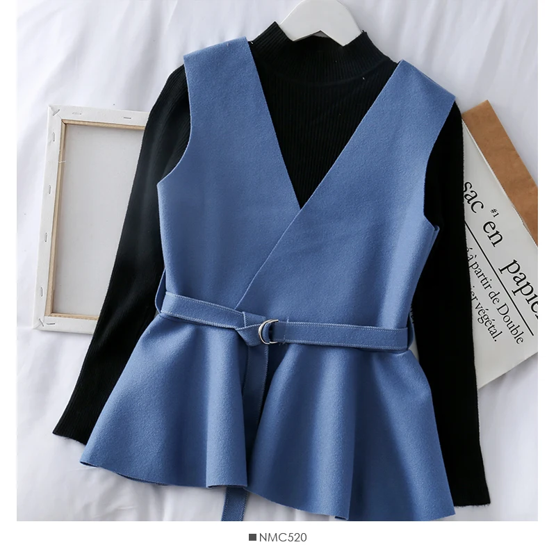 Amolapha Женский вязаный Топ пуловеры + твидовый ремень жилет пальто 2 шт наборы