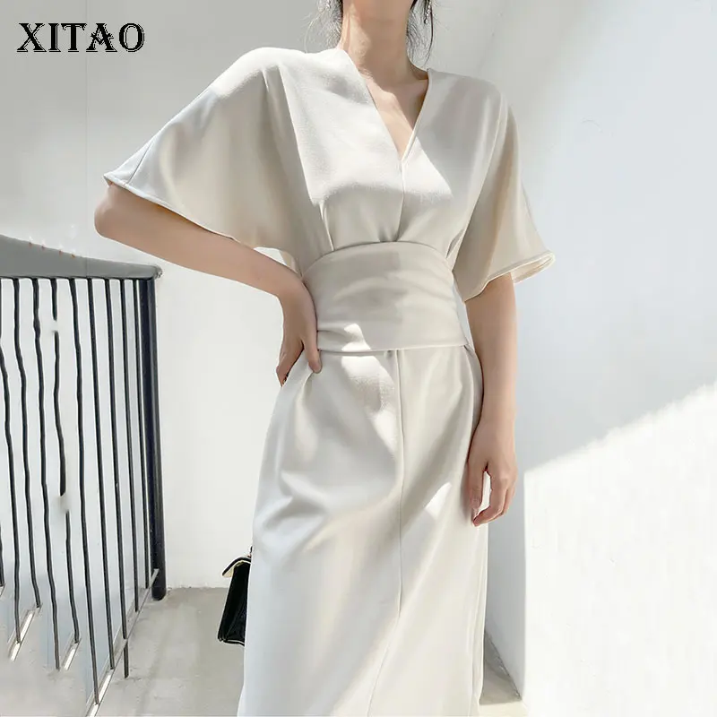 

XITAO Solid Color Bandage Temperament Dress Elegant Women Summer New Fashion V-neck Collar Batwing Sleeve Simplicity Top CLL1867