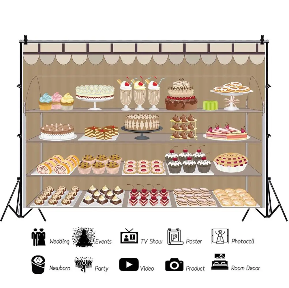 

Dessert Cake Shop Painted Cartoon Backdrops Photocall Vinyl Background Indoor Decorations for Portrait Photography Props