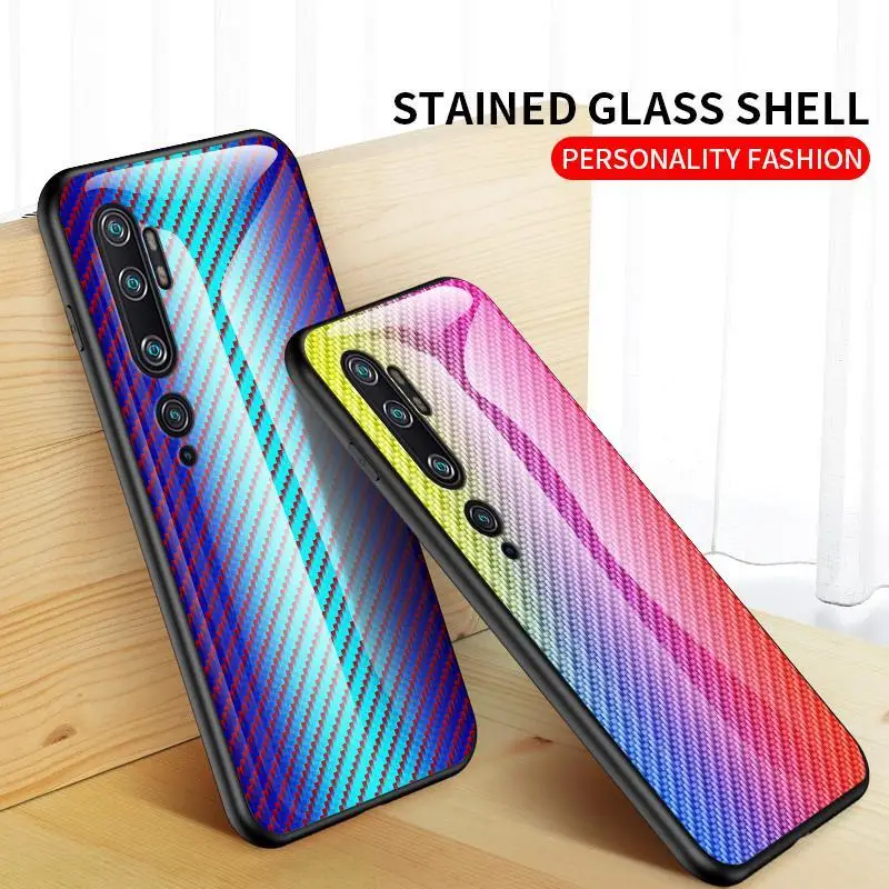 KEYSION Tempered Glass Case For Xiaomi Mi Note 10 Pro Gradient carbon fiber Back Cover for CC9 9 Lite |