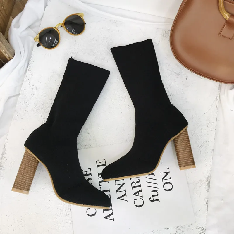 Black Apricot Heel NIUFUNI/Модные женские ботинки; вязаные эластичные ботинки с острым носком; ботильоны на высоком толстом каблуке; botas Mujer; цвет бежевый, черный; женская обувь - Цвет: Black Apricot Heel