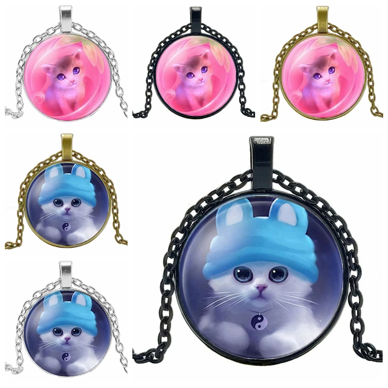 

Beautiful Cat Glass Cabochon Statement Necklace and Pendant Jewelry Vintage Charm Chain Collar Gothic for Children's Gifts