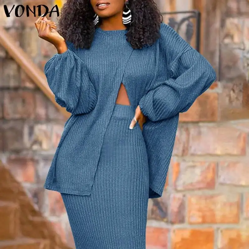 

Autumn Women Sweaters 2021 VONDA Casual O Neck Long Lantern Sleeve Thin Slit Tops Oversize Loose Pullover Damen Femme Blouse